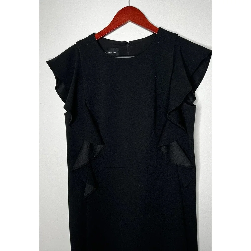 Donna Morgan Sheath Dress Womens 8 Black Ruffle Cap Sleeve LBD Professional Chic